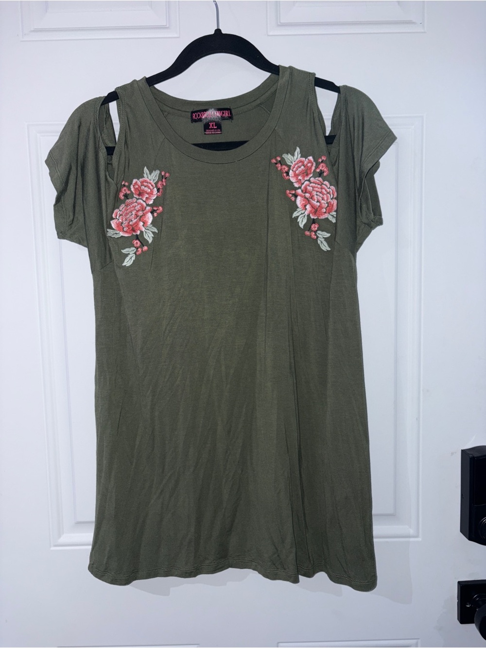 Rock & Roll Cowgirl Olive Green Cold-Shoulder Tee with Pink Floral Embroidery